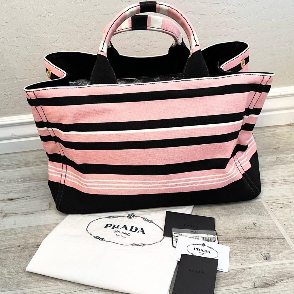 Prada Black Pink Striped Canvas Large Canapa Stampata Tote
